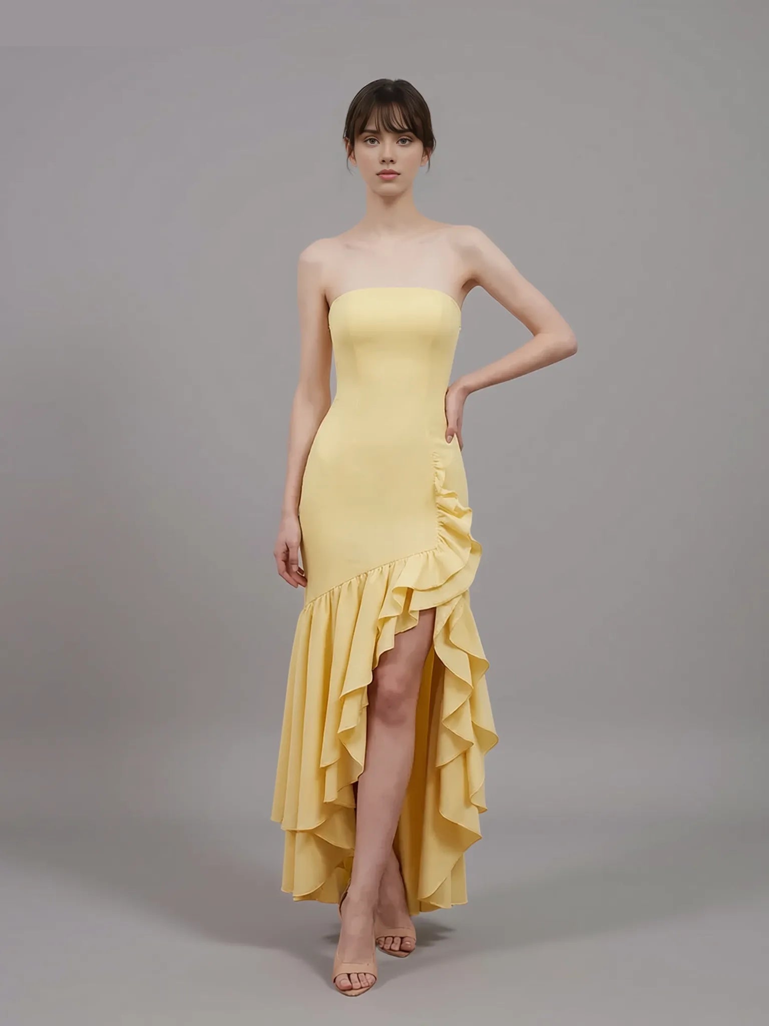 Elegant Strapless Ruffle Slit Mermaid Maxi Prom Dress