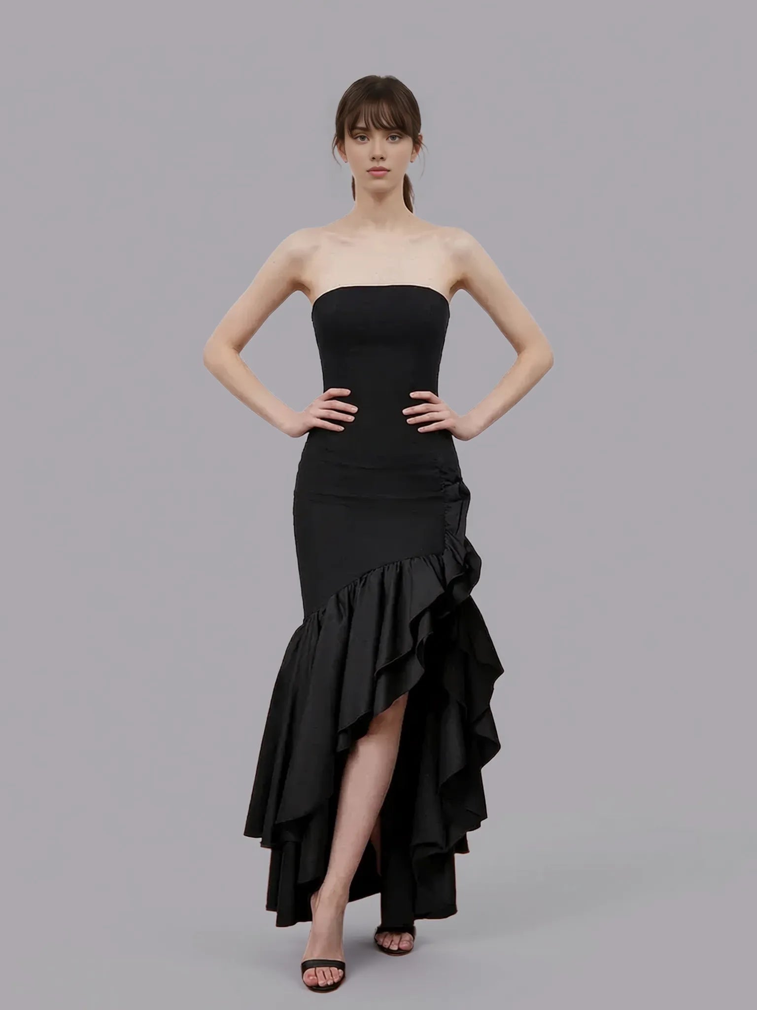 Elegant Strapless Ruffle Slit Mermaid Maxi Prom Dress