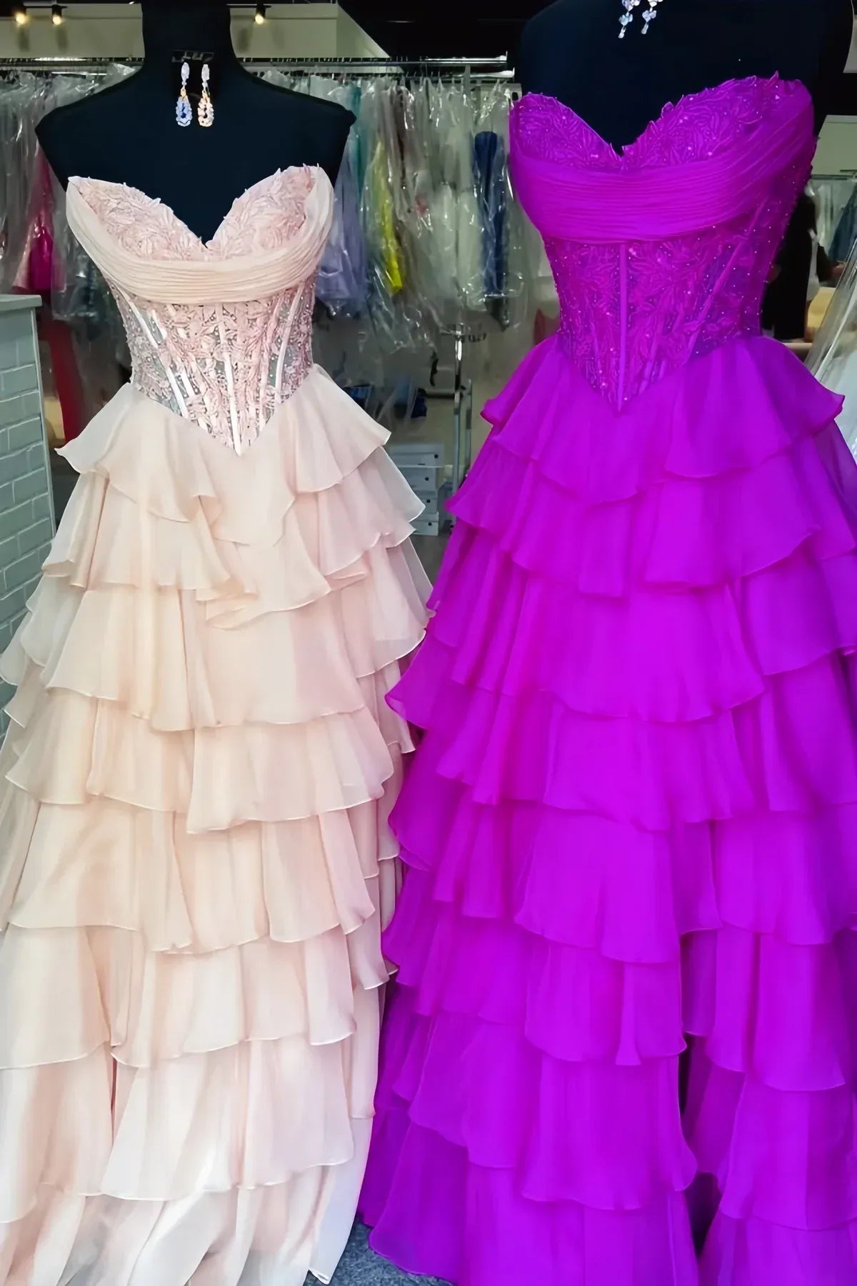 Elegant Strapless Sleeveless Empire A-Line Chiffon Tiered Long Prom Dress