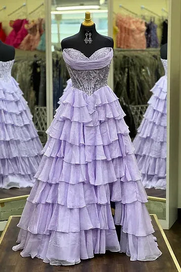 Elegant Strapless Sleeveless Empire A-Line Chiffon Tiered Long Prom Dress