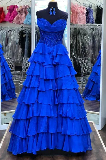Elegant Strapless Sleeveless Empire A-Line Chiffon Tiered Long Prom Dress