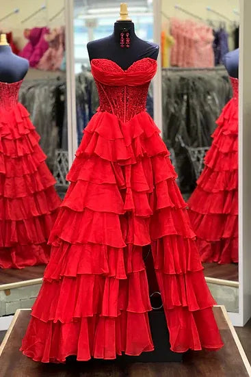 Elegant Strapless Sleeveless Empire A-Line Chiffon Tiered Long Prom Dress