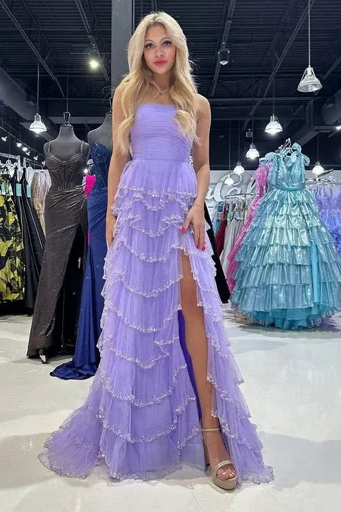 Elegant Strapless Sleeveless Empire A-Line Chiffon Tiered Slit Long Prom Dress