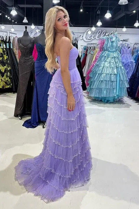 Elegant Strapless Sleeveless Empire A-Line Chiffon Tiered Slit Long Prom Dress