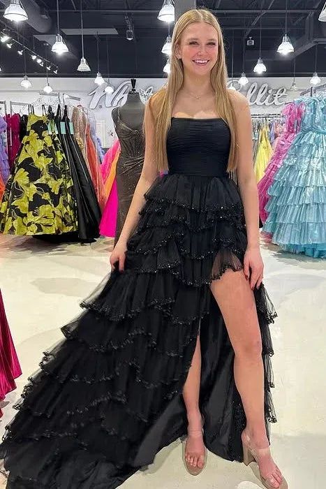 Elegant Strapless Sleeveless Empire A-Line Chiffon Tiered Slit Long Prom Dress