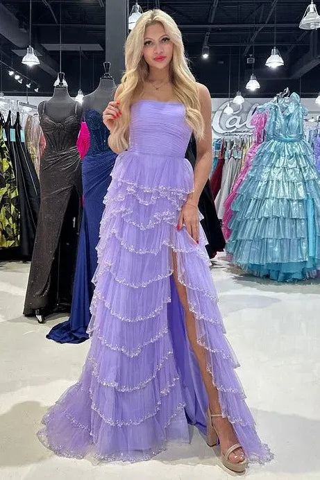 Elegant Strapless Sleeveless Empire A-Line Chiffon Tiered Slit Long Prom Dress