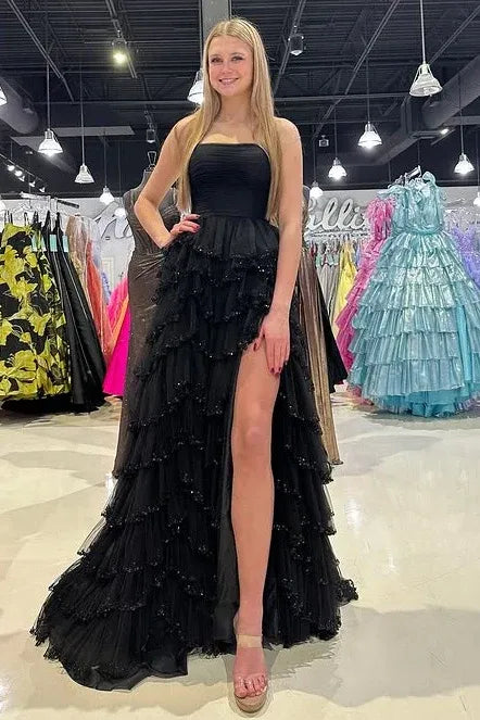 Elegant Strapless Sleeveless Empire A-Line Chiffon Tiered Slit Long Prom Dress