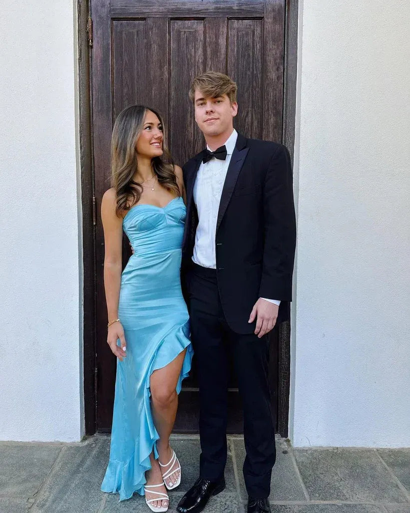 Elegant Strapless Sleeveless Satin Mermaid Prom Dress With Slit