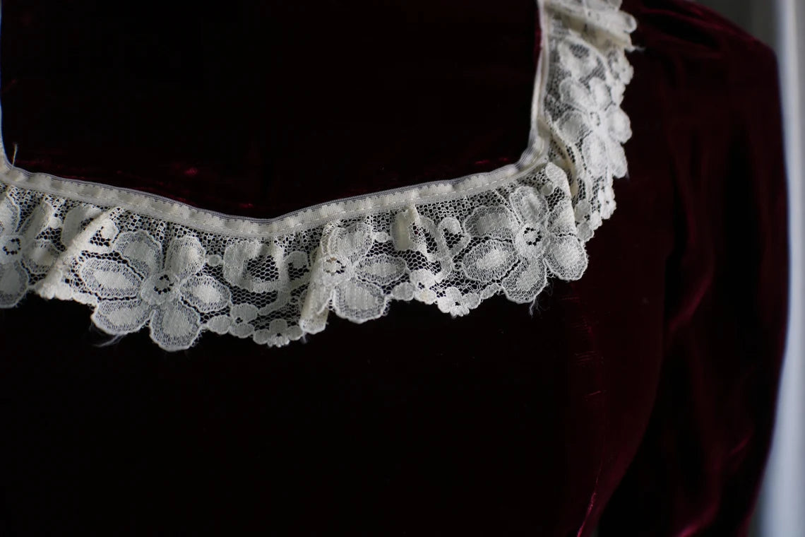 Elegant Style Velvet Dress Dark Red Velvet and Lace Gown Long Sleeve Maxi Women's Evening Dress