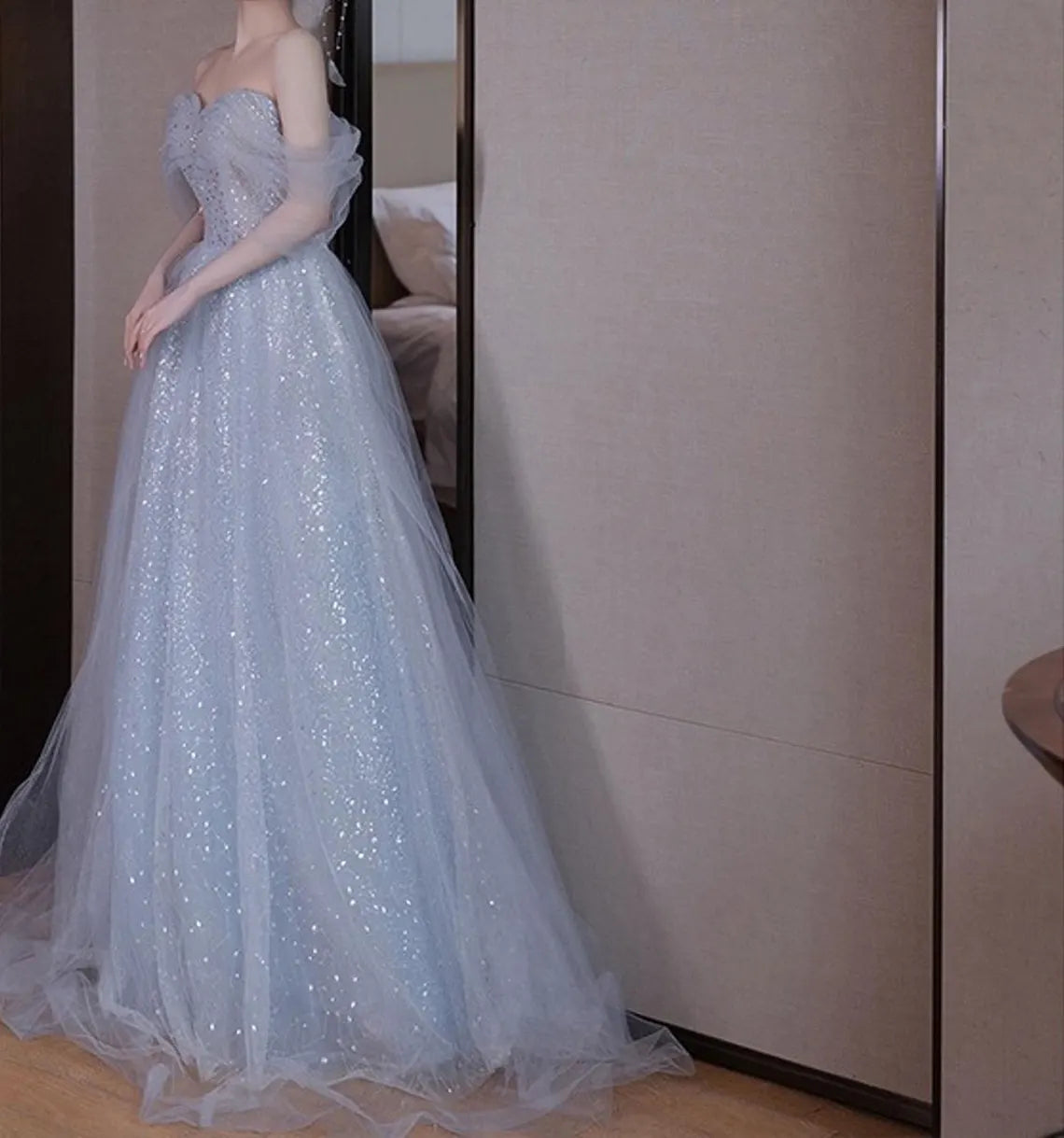 Elegant Sweetheart Off Shoulder Sequin Tulle Prom Dress Floor Length Prom Party Dress