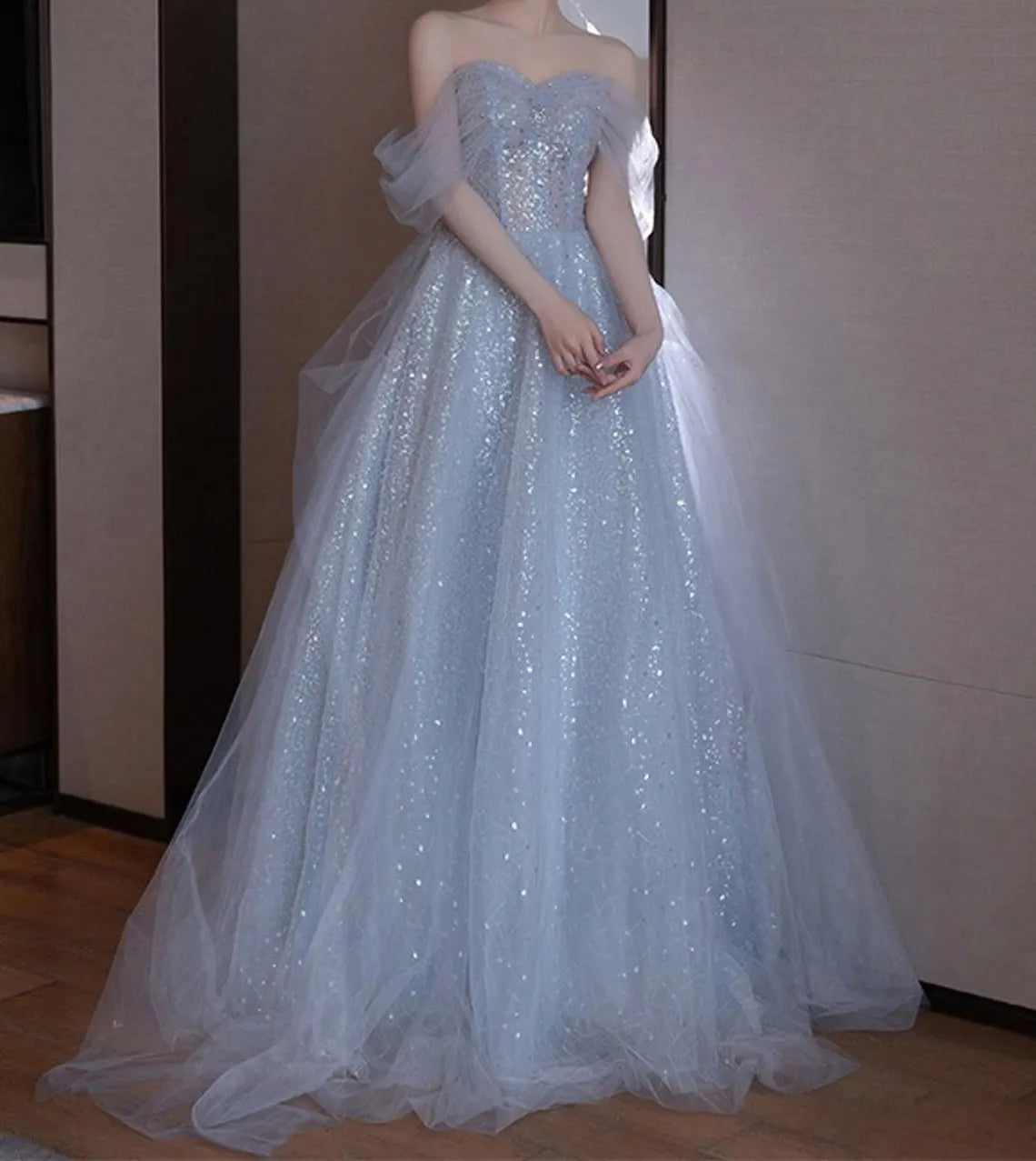 Elegant Sweetheart Off Shoulder Sequin Tulle Prom Dress Floor Length Prom Party Dress