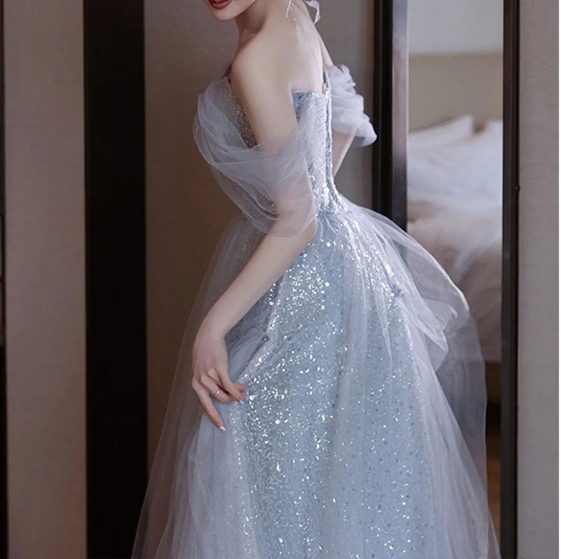 Elegant Sweetheart Off Shoulder Sequin Tulle Prom Dress Floor Length Prom Party Dress