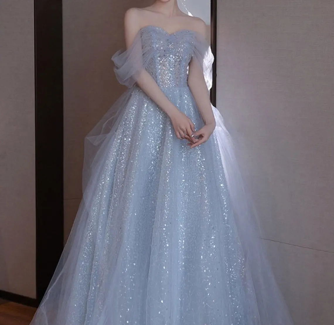 Elegant Sweetheart Off Shoulder Sequin Tulle Prom Dress Floor Length Prom Party Dress
