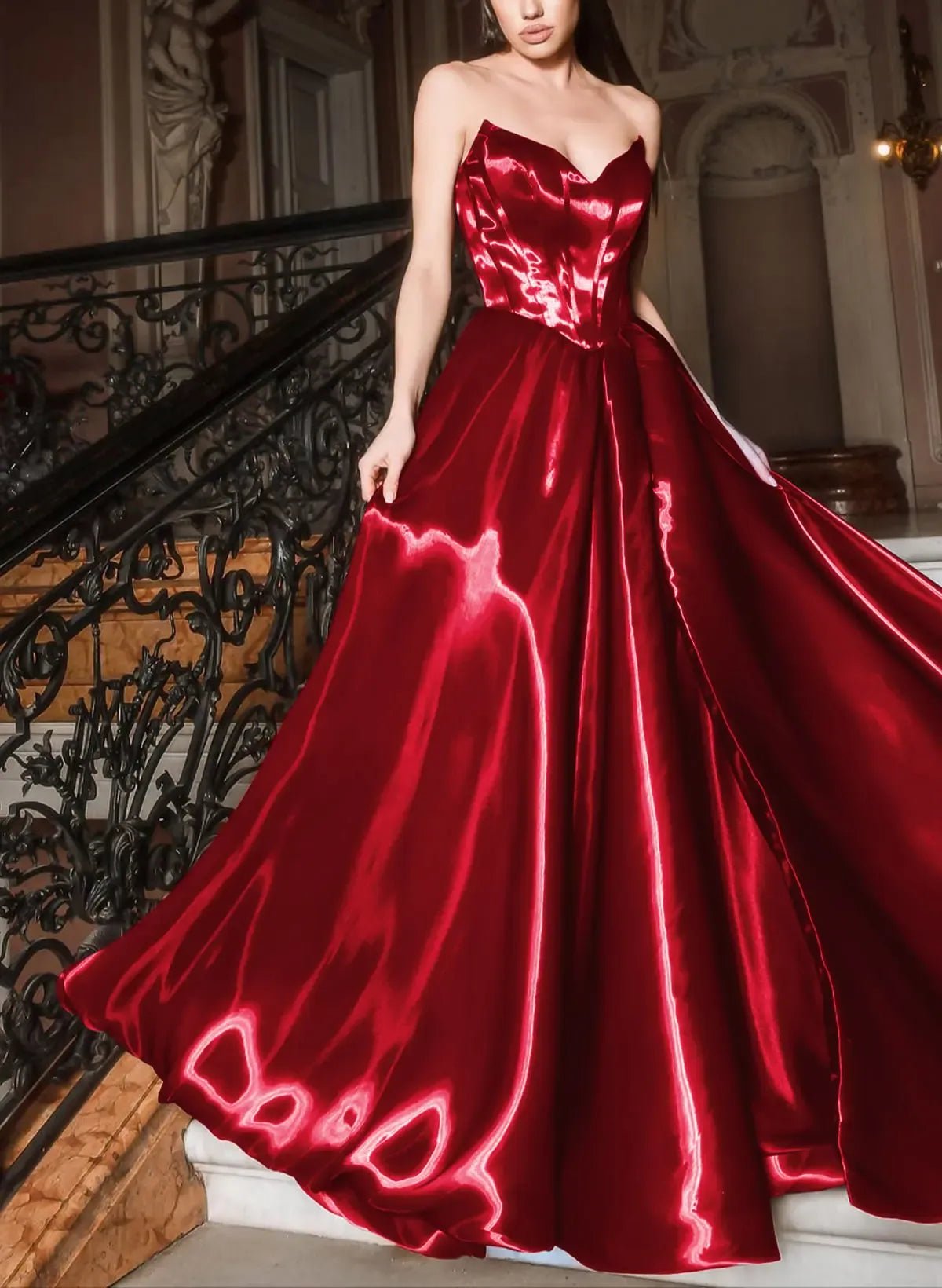 Elegant Sweetheart Sleeveless A-Line Pleated Satin Court Train Prom Dress