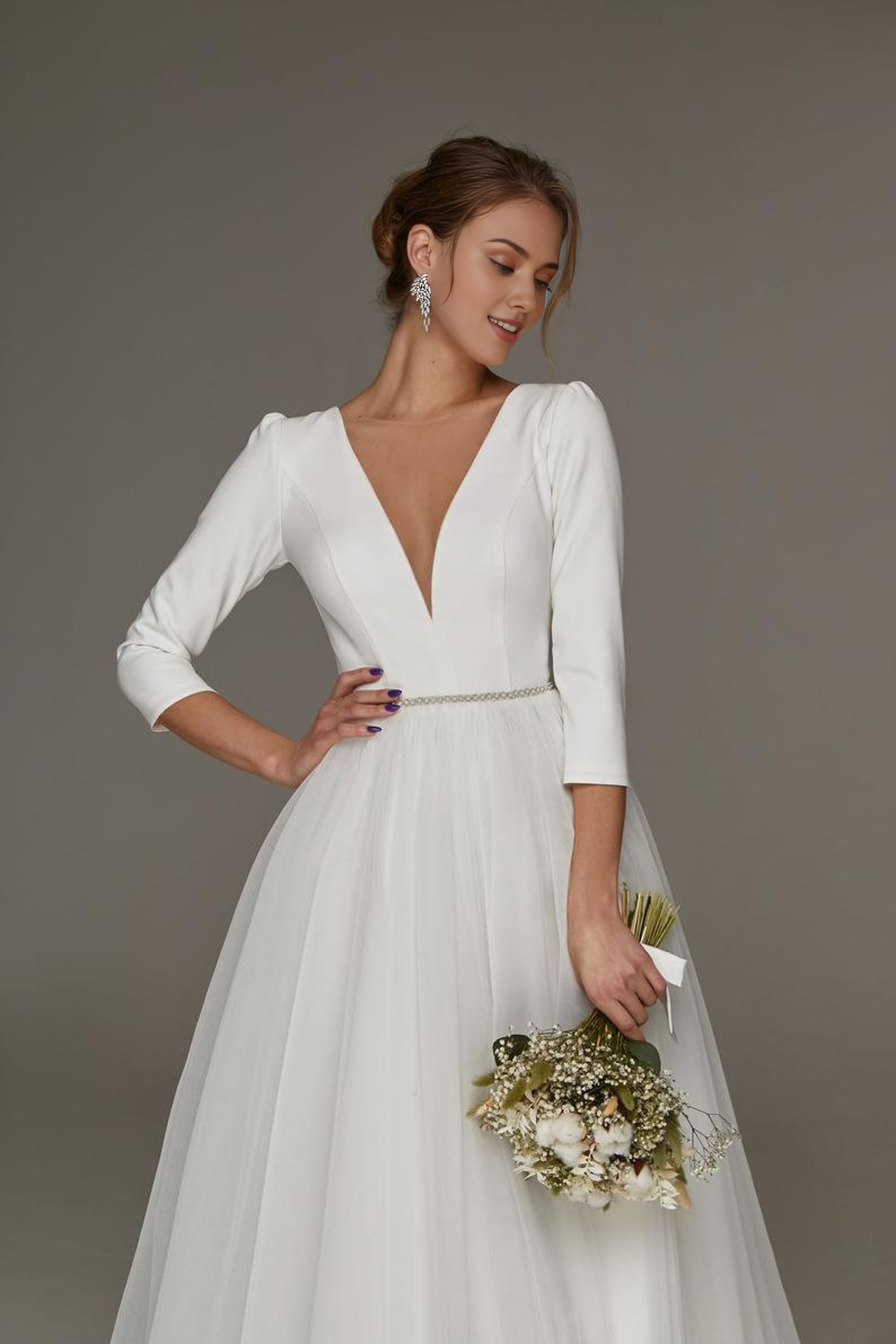 Elegant Tea-Length Minimalist Wedding Dress Short Wedding Party Dress A-line White Dress Long Sleeve Evening Dress Tulle Prom Dress