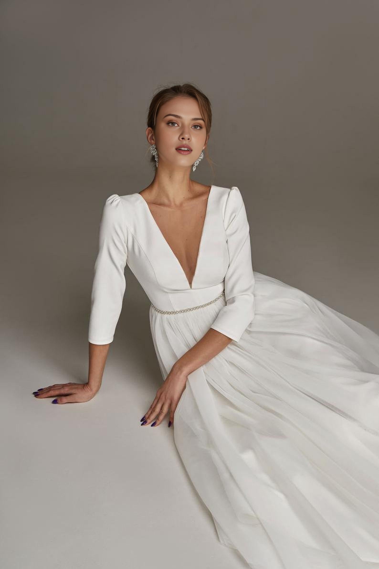 Elegant Tea-Length Minimalist Wedding Dress Short Wedding Party Dress A-line White Dress Long Sleeve Evening Dress Tulle Prom Dress