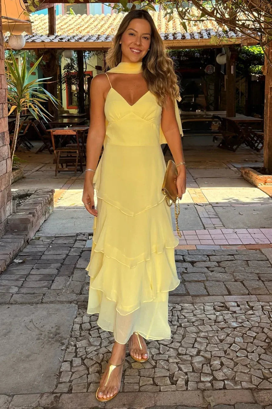 Elegant Tiered Spaghetti Strap Sleeveless Chiffon Maxi Formal Dress