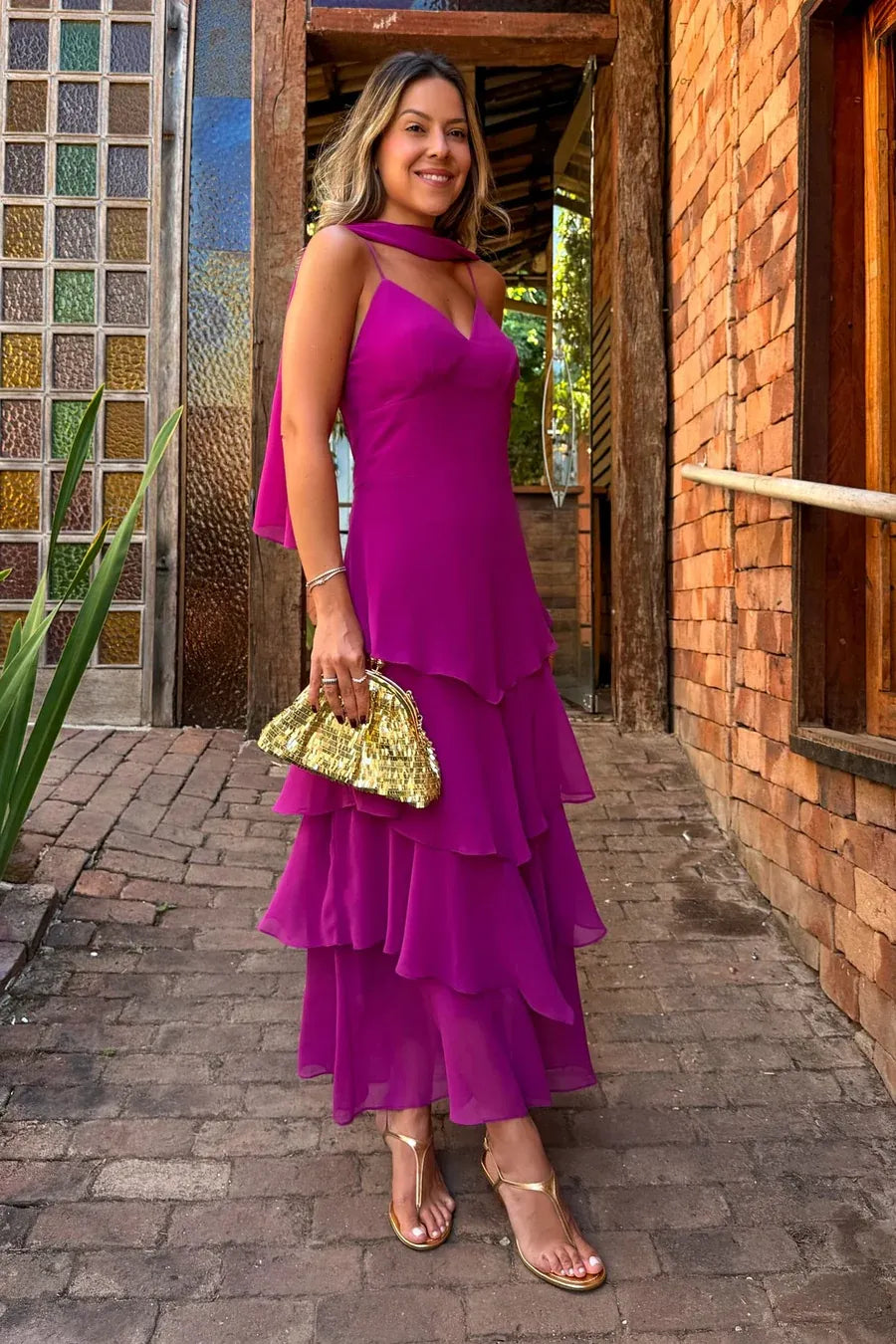 Elegant Tiered Spaghetti Strap Sleeveless Chiffon Maxi Formal Dress
