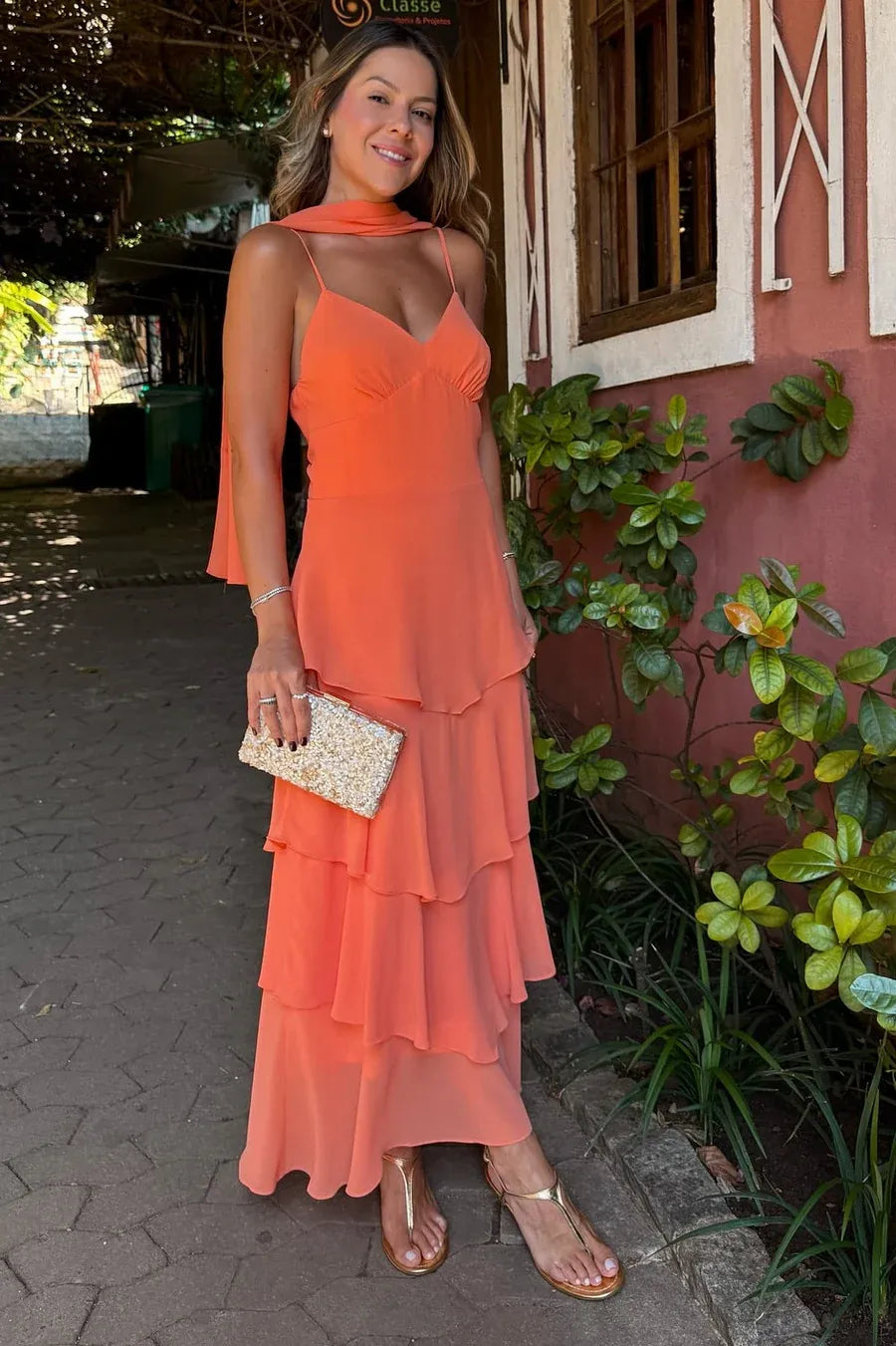 Elegant Tiered Spaghetti Strap Sleeveless Chiffon Maxi Formal Dress