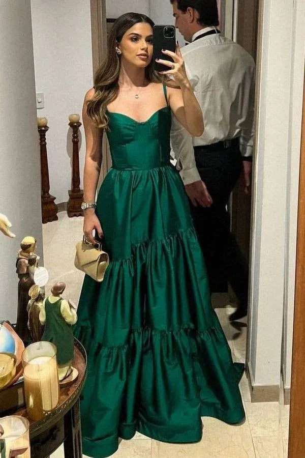 Elegant Tiered Spaghetti Strap Sleeveless Satin A-Line Prom Dress