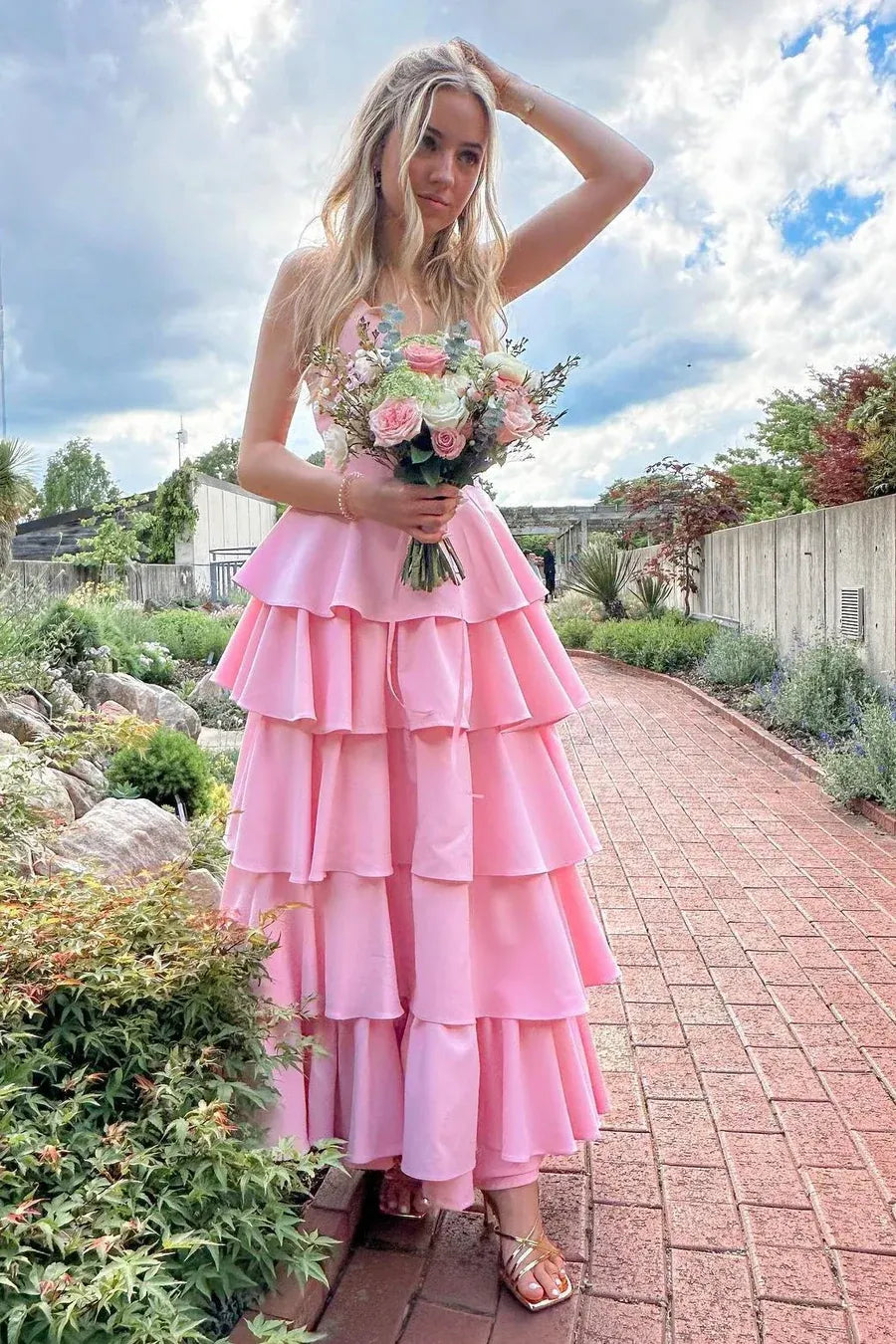 Elegant Tiered Spaghetti Strap Sleeveless Satin Maxi Prom Dress