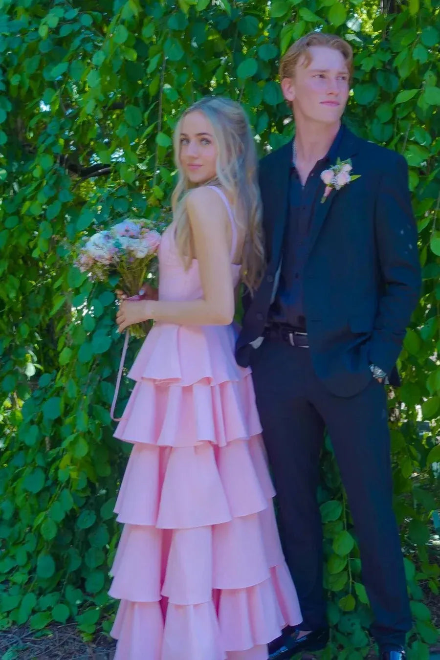 Elegant Tiered Spaghetti Strap Sleeveless Satin Maxi Prom Dress