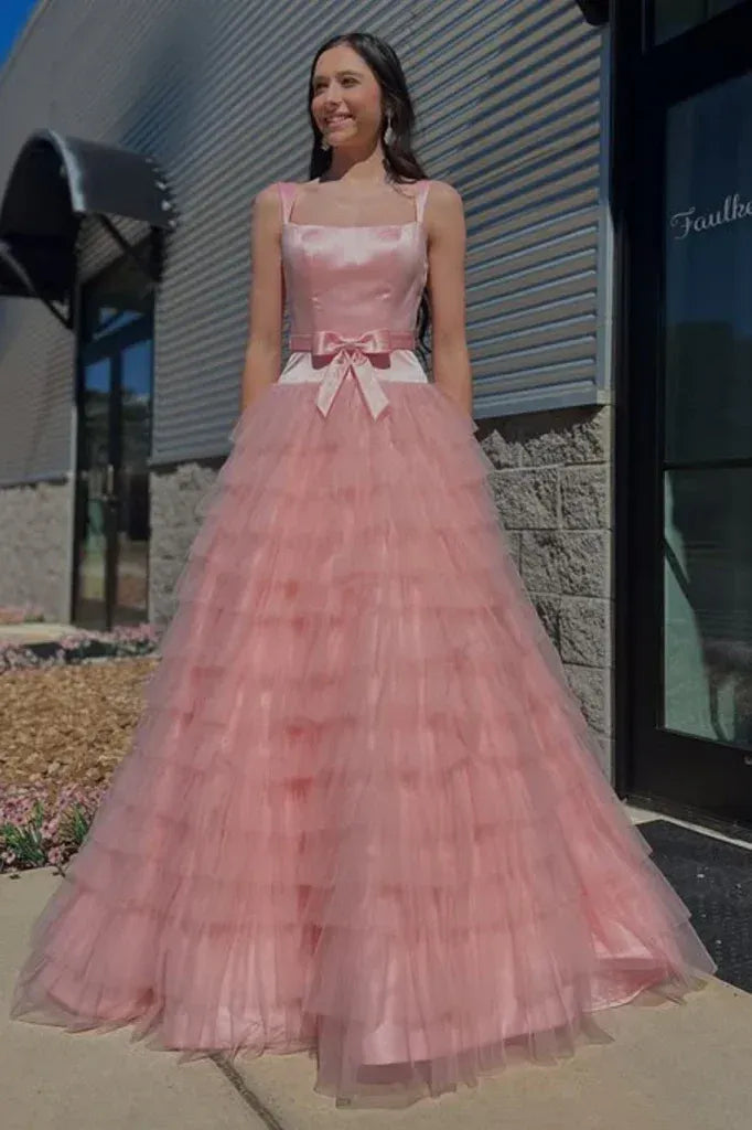 Elegant Tiered Square Neck Sleeveless Tulle Prom Dress With Bow