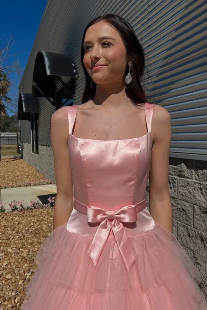 Elegant Tiered Square Neck Sleeveless Tulle Prom Dress With Bow