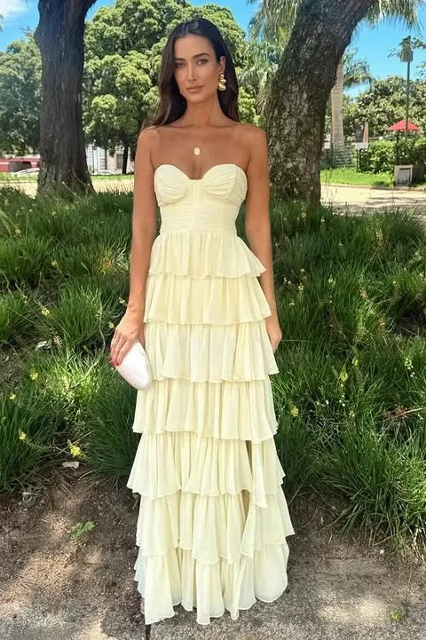 Elegant Tiered Strapless Sleeveless Chiffon Maxi Formal Dress