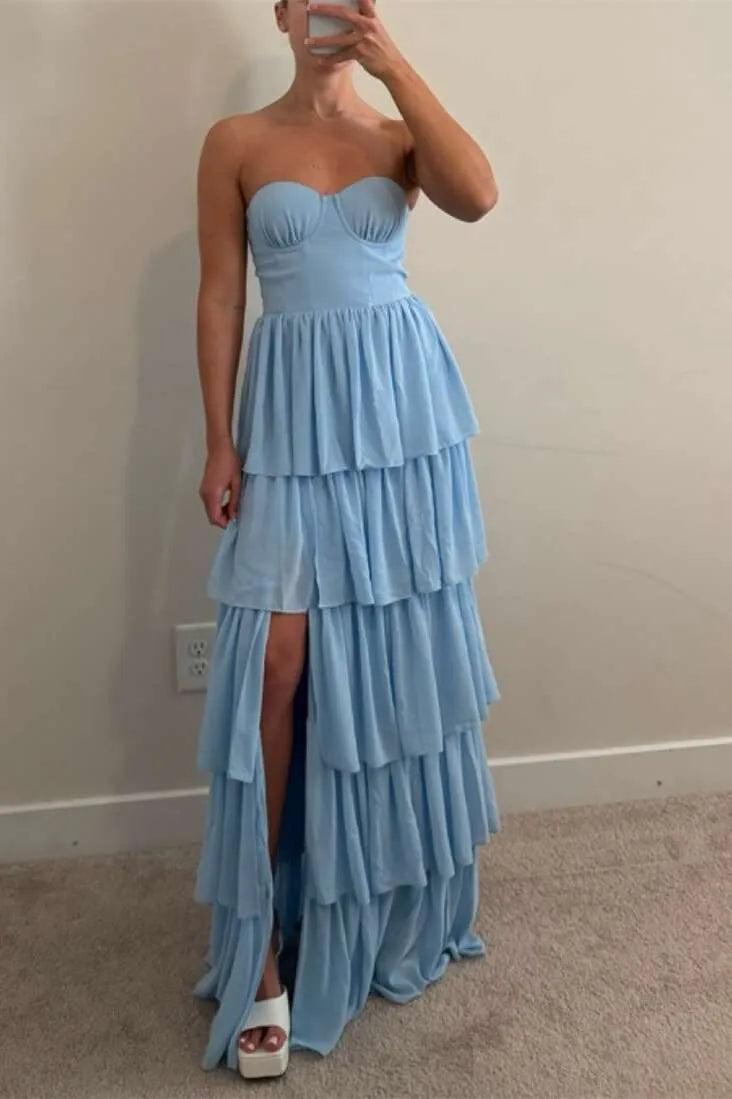 Elegant Tiered Strapless Sleeveless Chiffon Maxi Formal Dress