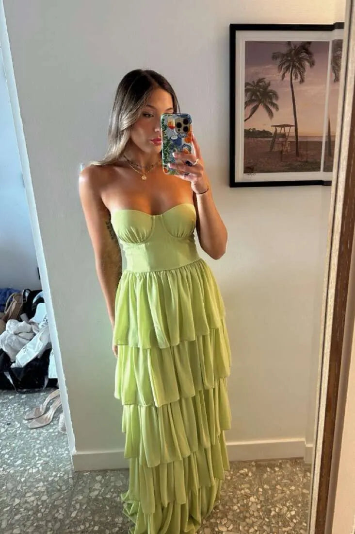 Elegant Tiered Strapless Sleeveless Chiffon Maxi Formal Dress