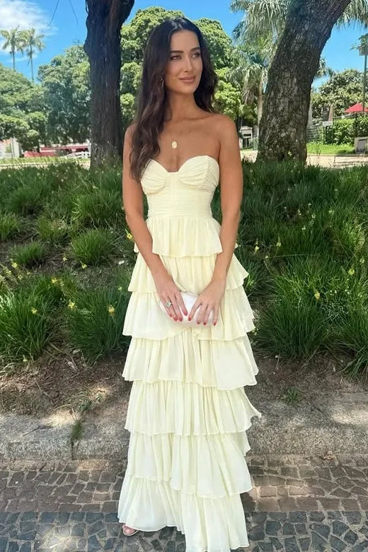 Elegant Tiered Strapless Sleeveless Chiffon Maxi Formal Dress