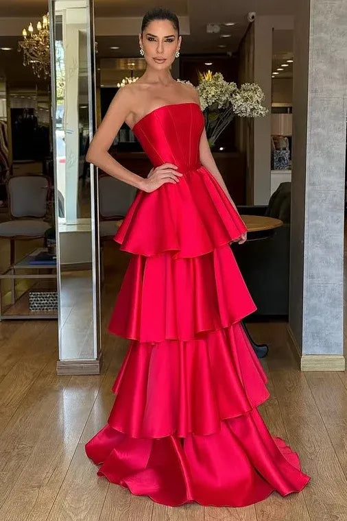 Elegant Tiered Strapless Sleeveless Satin A-Line Formal Dress