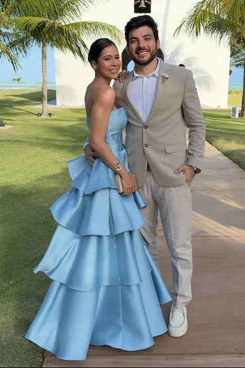 Elegant Tiered Strapless Sleeveless Satin A-Line Formal Dress