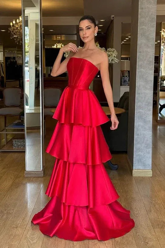 Elegant Tiered Strapless Sleeveless Satin A-Line Formal Dress
