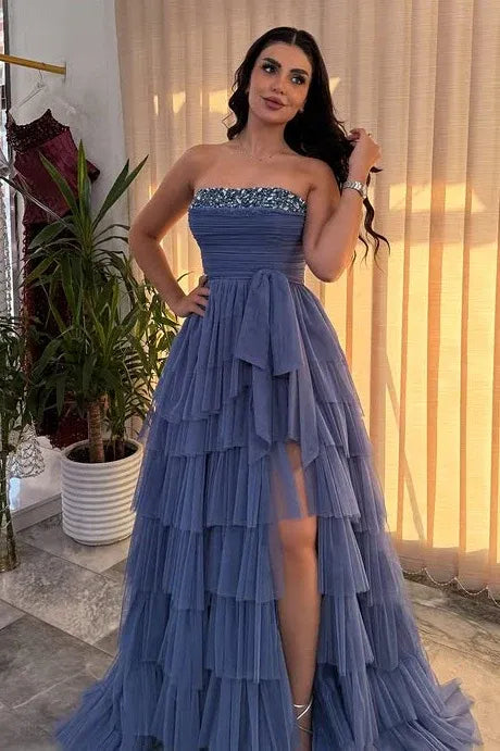Elegant Tiered Strapless Sleeveless Tulle Prom Dress With Slit