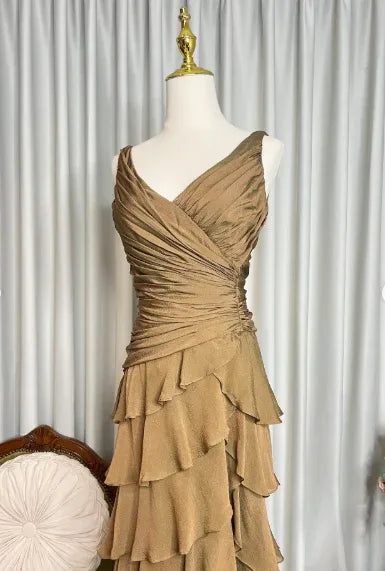 Elegant Tiered V Neck Sleeveless Ruched Chiffon Maxi Formal Dress