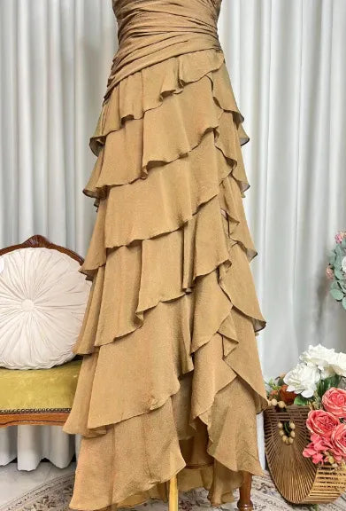 Elegant Tiered V Neck Sleeveless Ruched Chiffon Maxi Formal Dress
