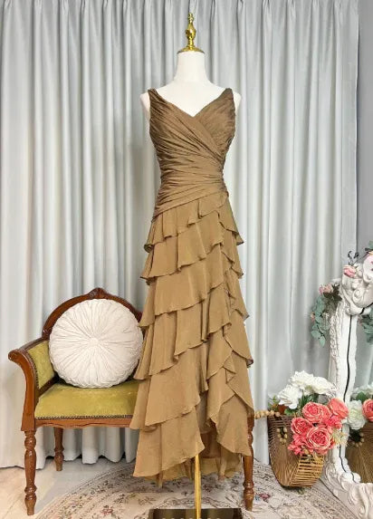 Elegant Tiered V Neck Sleeveless Ruched Chiffon Maxi Formal Dress
