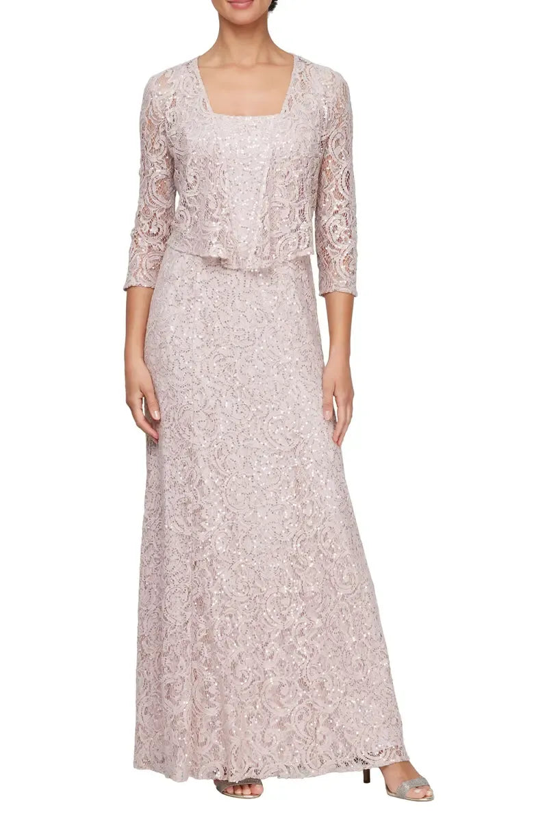 Elegant Two-Piece Square Neck Long Sleeve Zipper Up Floor-Length Mother of the Bride Dress