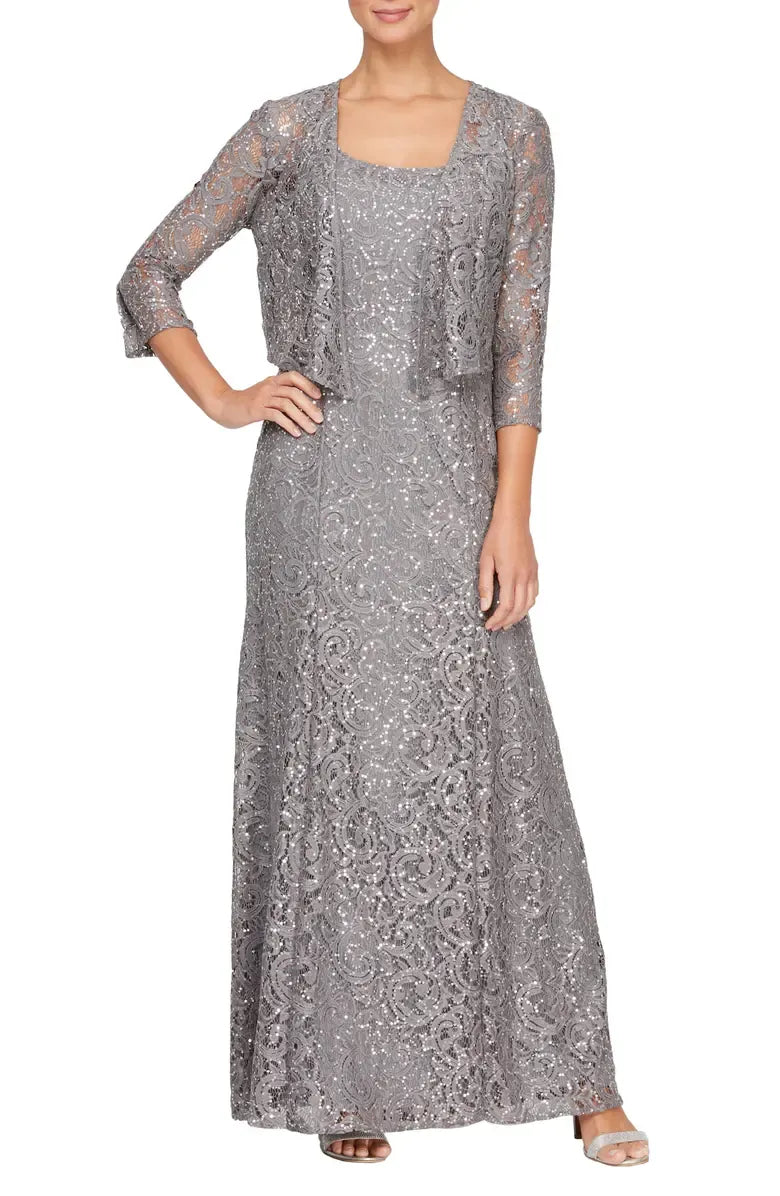 Elegant Two-Piece Square Neck Long Sleeve Zipper Up Floor-Length Mother of the Bride Dress