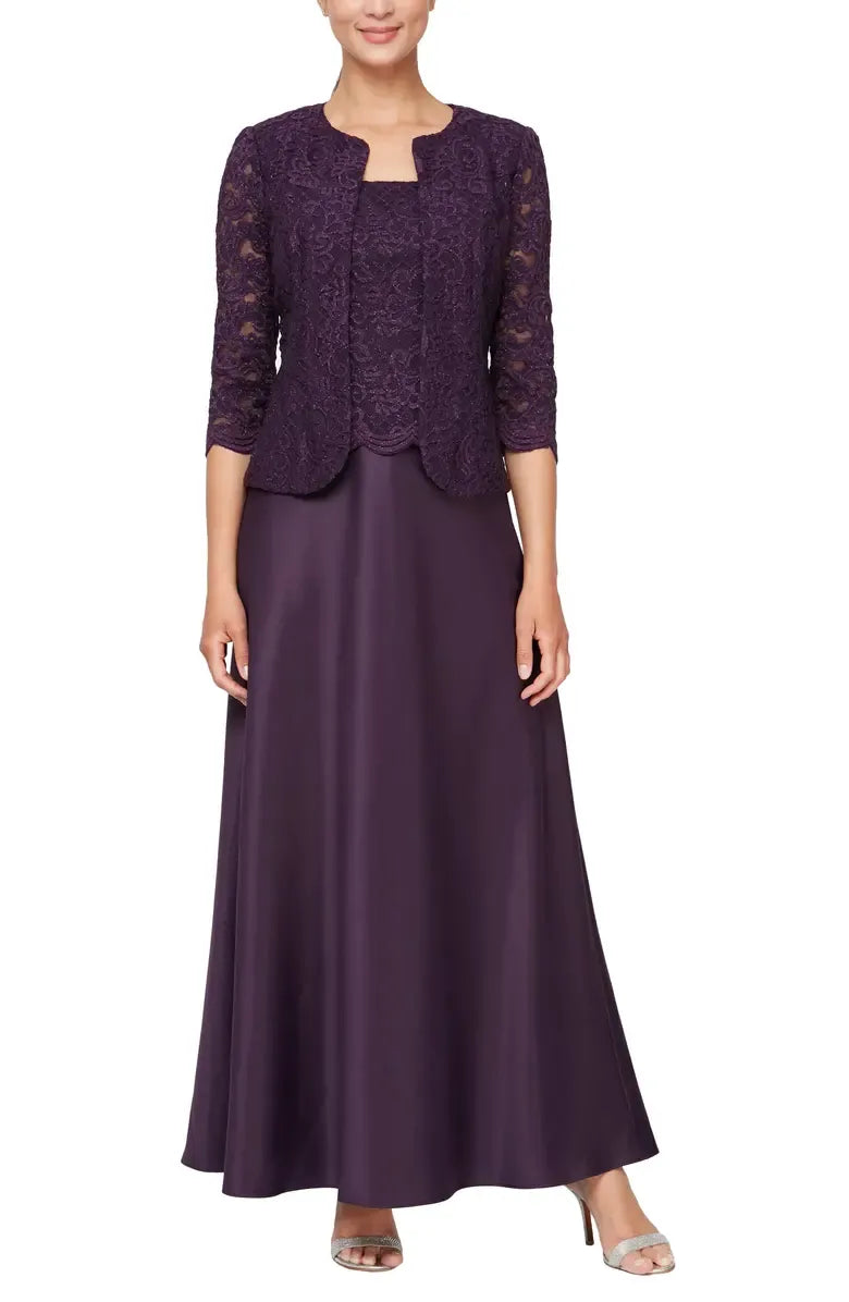 Elegant Two-Piece Square Neck Long Sleeve Zipper Up Floor-Length Mother of the Bride Dress