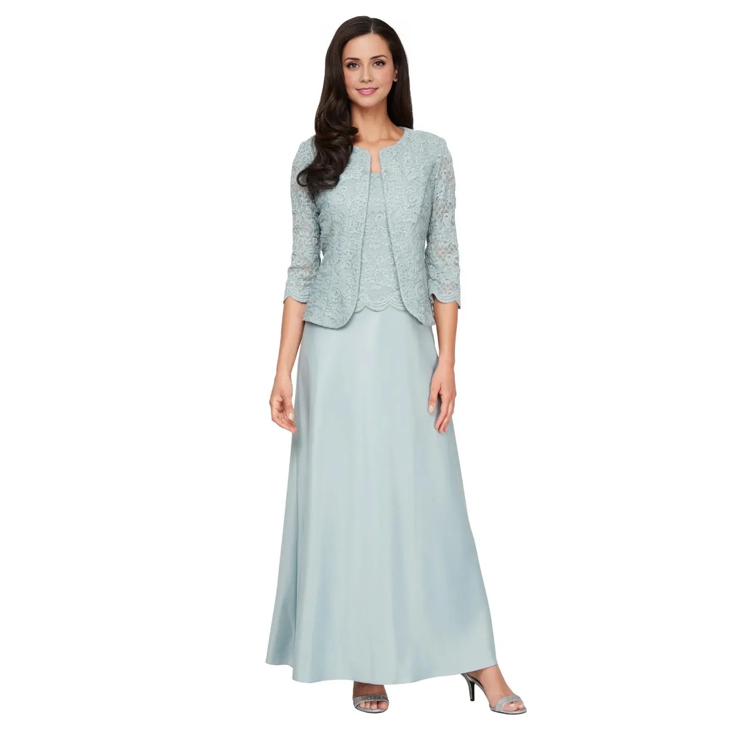 Elegant Two-Piece Square Neck Long Sleeve Zipper Up Floor-Length Mother of the Bride Dress