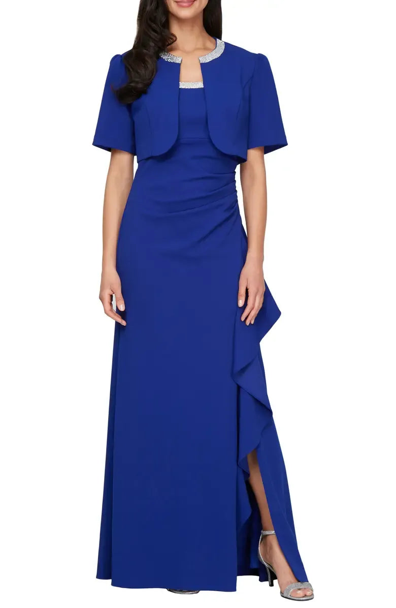 Elegant Two Piece Square-neck Short Sleeves Zipper Up Floor-Length Mother of the Bride Dress
