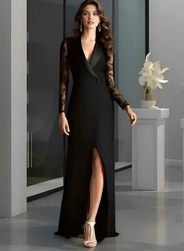 Elegant V-Neck Long Sleeves A-Line Slit Satin Sweep Train Evening Dress