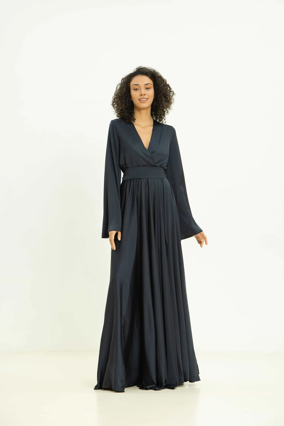 Elegant V Neck Slit A-line Simple Floor Length Long Sleeves Bridesmaid Prom Cocktail Dress