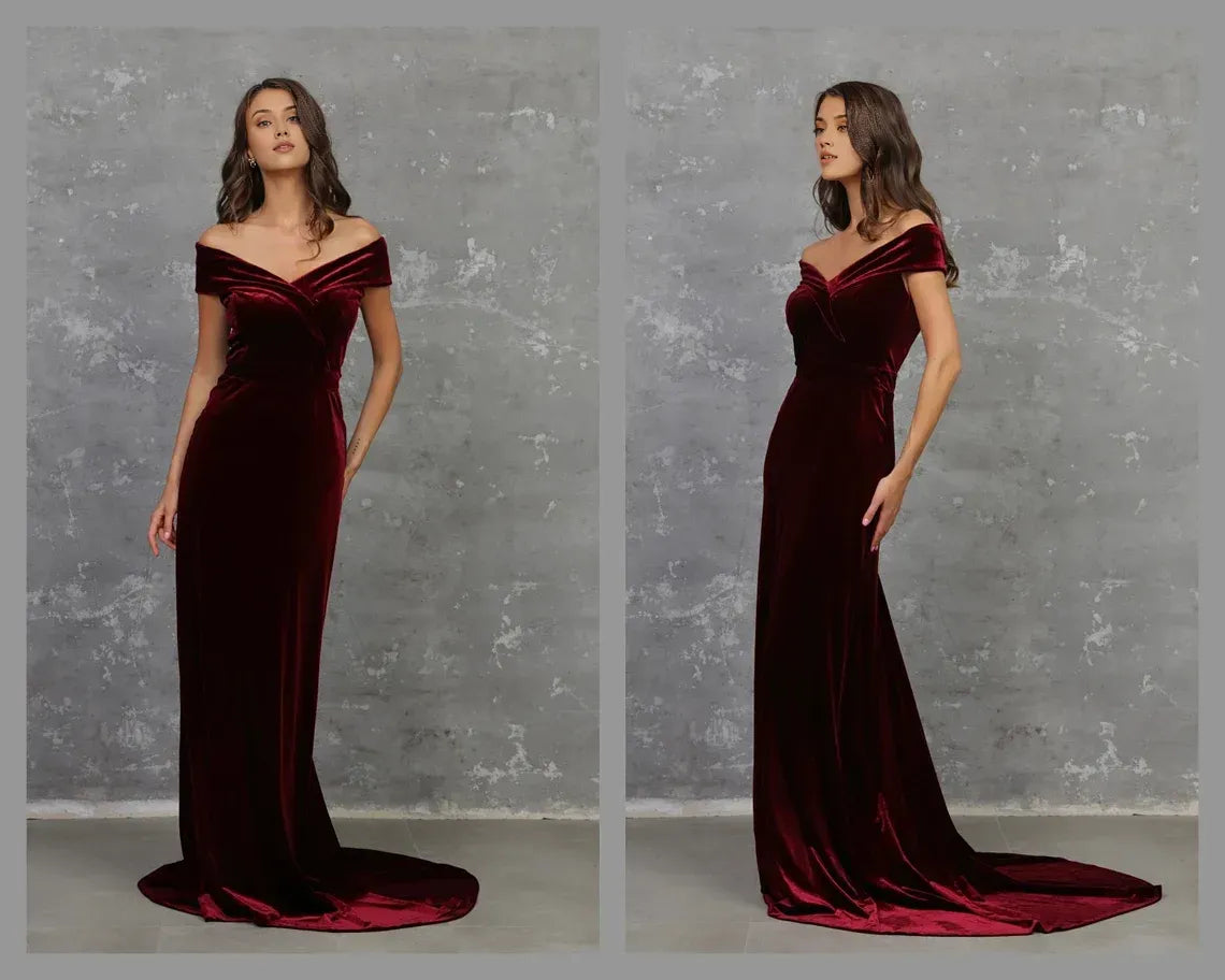 Elegante vestido de dama de honor color burdeos con escote en V, de terciopelo, corte A, largo hasta el suelo, hombros descubiertos, para cóctel y fiesta 