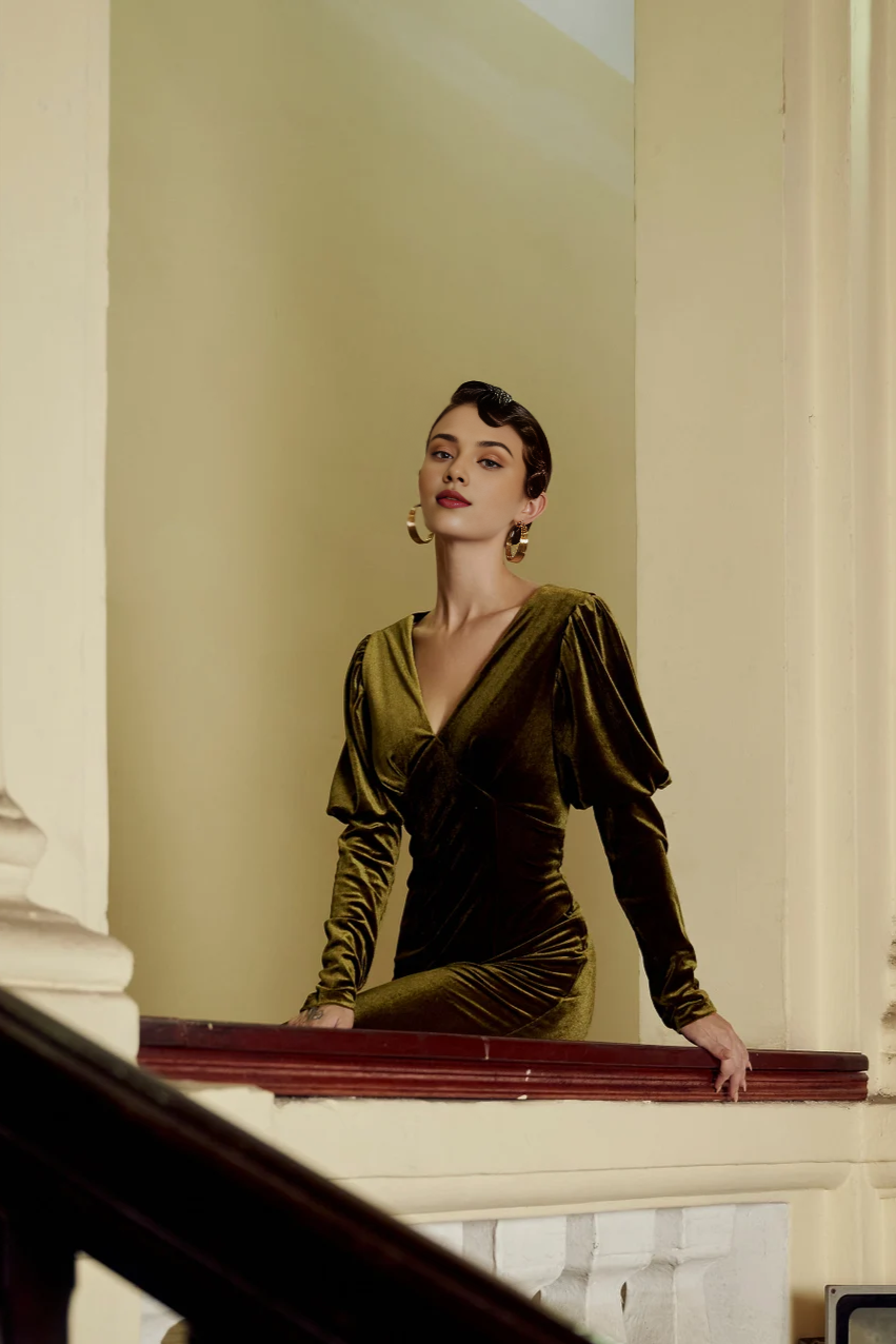 Elegant Velvet Classic Simple Prom Evening Dress Velvet Long Bridesmaid Velvet Wedding Guest Dress Velvet Long Sleeves V Neck Line and Puffed Sleeves