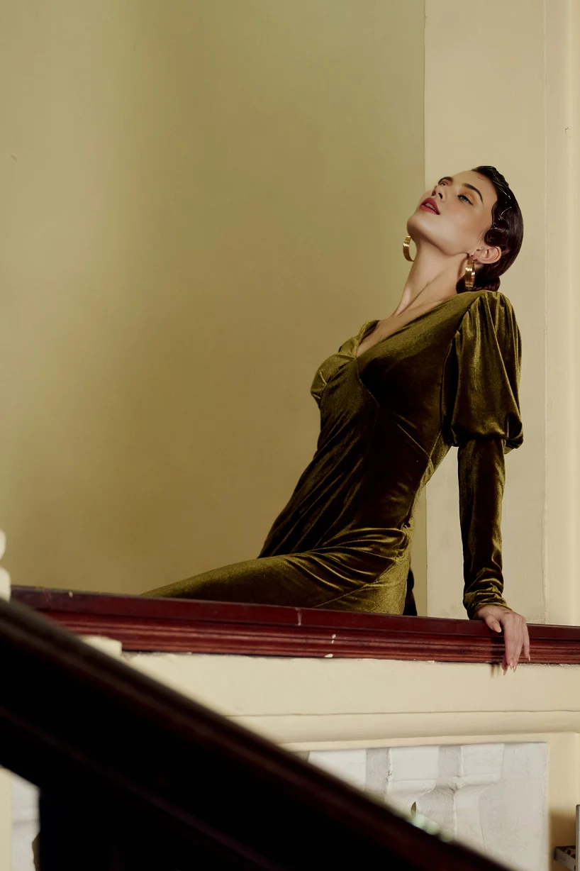 Elegant Velvet Classic Simple Prom Evening Dress Velvet Long Bridesmaid Velvet Wedding Guest Dress Velvet Long Sleeves V Neck Line and Puffed Sleeves