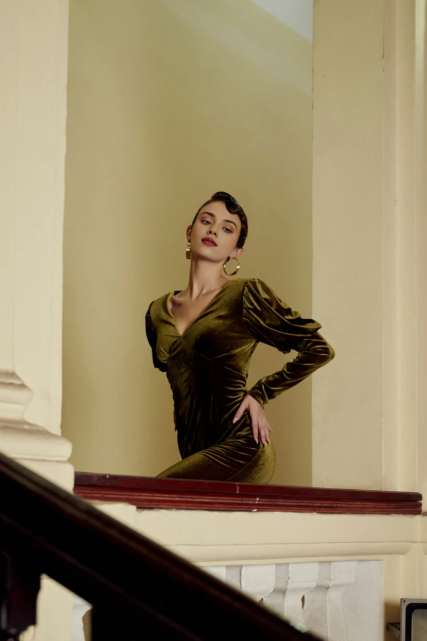 Elegant Velvet Classic Simple Prom Evening Dress Velvet Long Bridesmaid Velvet Wedding Guest Dress Velvet Long Sleeves V Neck Line and Puffed Sleeves